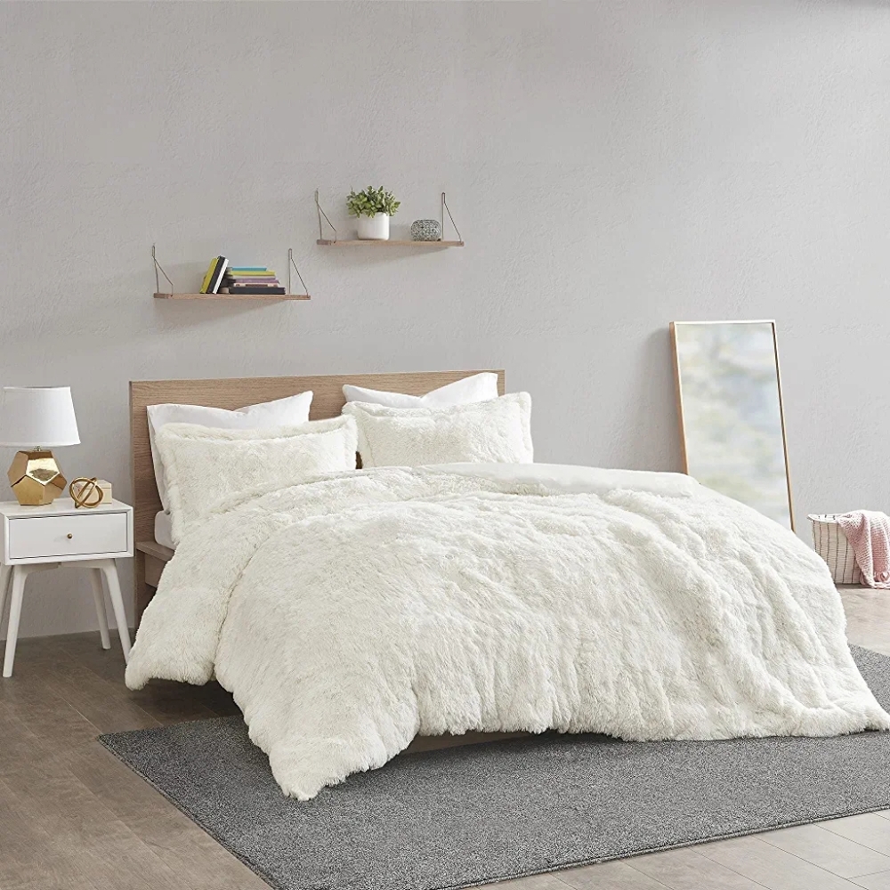 Shaggy Duvet with Quilted Box Design Faux Fur Comforter Cover With Shams